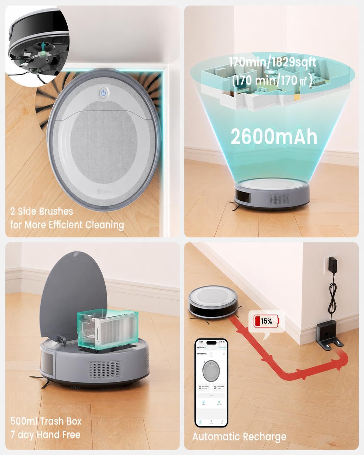 Lefant M310 Robot Vacuum and Mop, 6000Pa Strong Suction, Slim Design for Pet Hair, Smart Robotic Vacuum Cleaner for Hard Floor & Carpet, Self-Charging